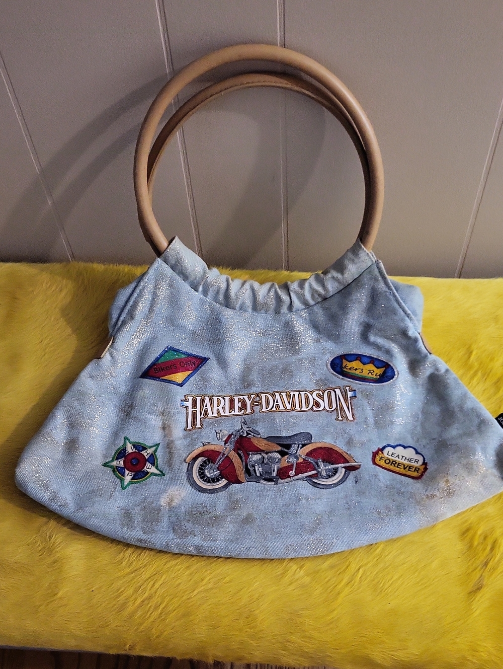 VTG. Joe Boxer light blue shoulder bag with tan round handles decorated Biker